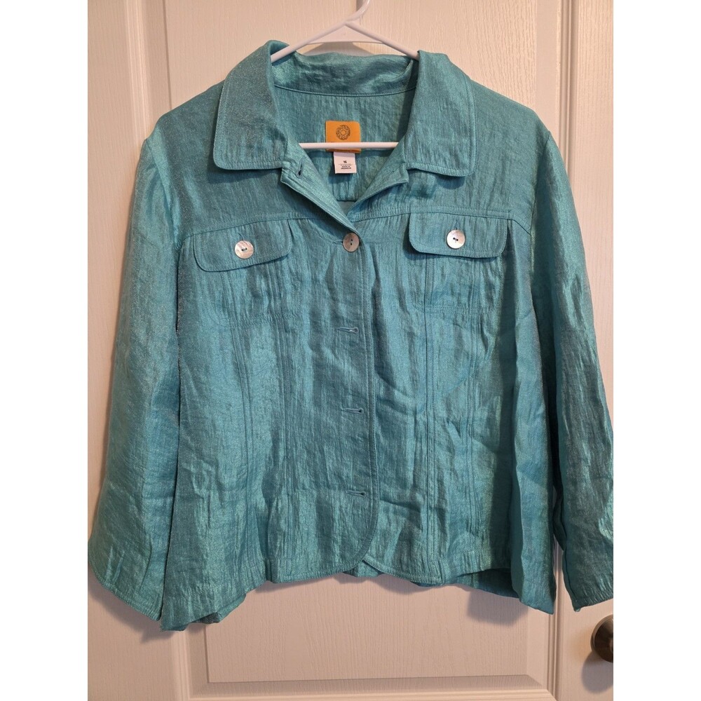 Ruby Rd Teal Blue Shimmer Button Up Jacket Top 3/4 Sleeve Size 16 Textured Chic
